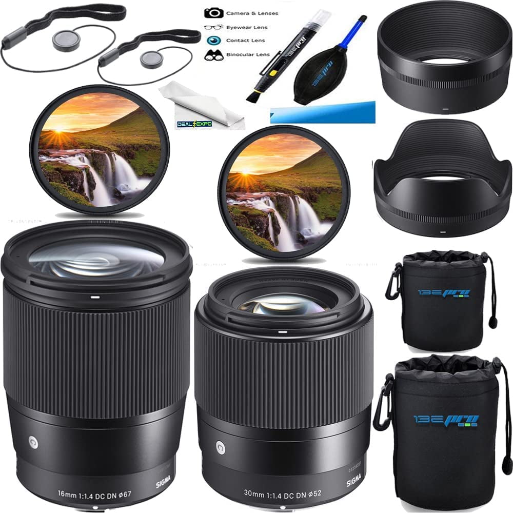 Two Lens Kit Sigma 16mm f/1.4 DC DN Contemporary Lens for Sony E & Sigma  30mm F1.4 Contemporary DC DN Lens for Sony E - Expo Essential Accessories  Bundle (13PCS) 