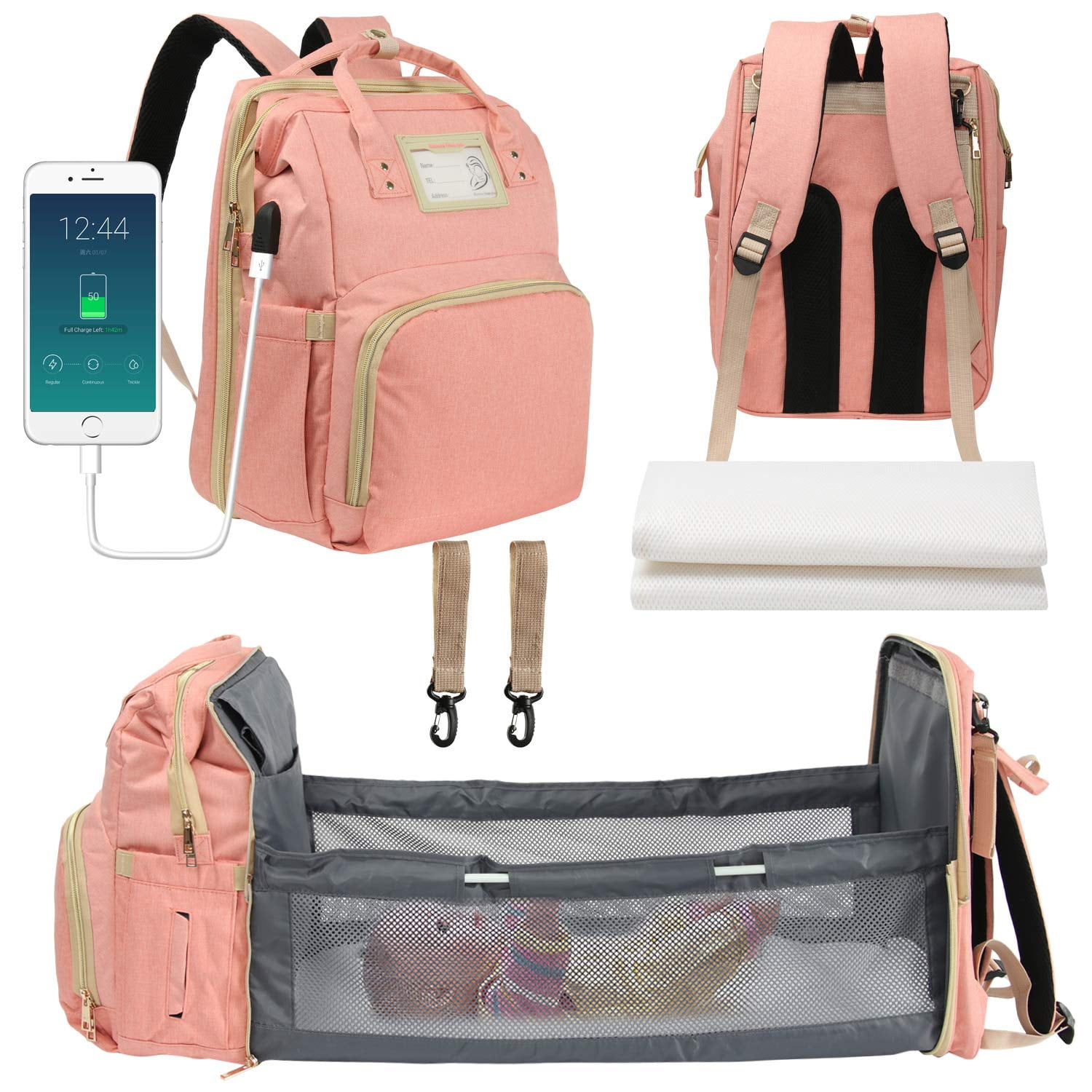 Travel Diaper Bag Backpack for Baby, Portable Waterproof Mommy Crib