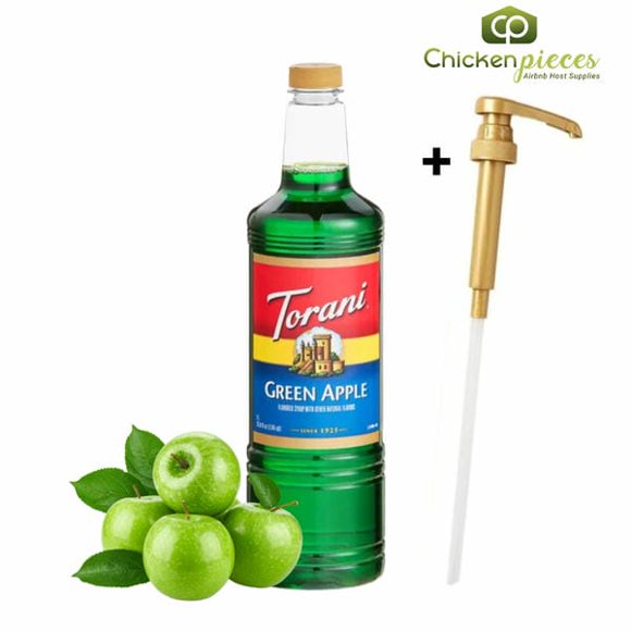 Torani Green Apple Flavoring Syrup, Professional Zesty Fruit Beverage Base with Bonus Squeeze Pump, 1 Liter (33.8 fl oz)