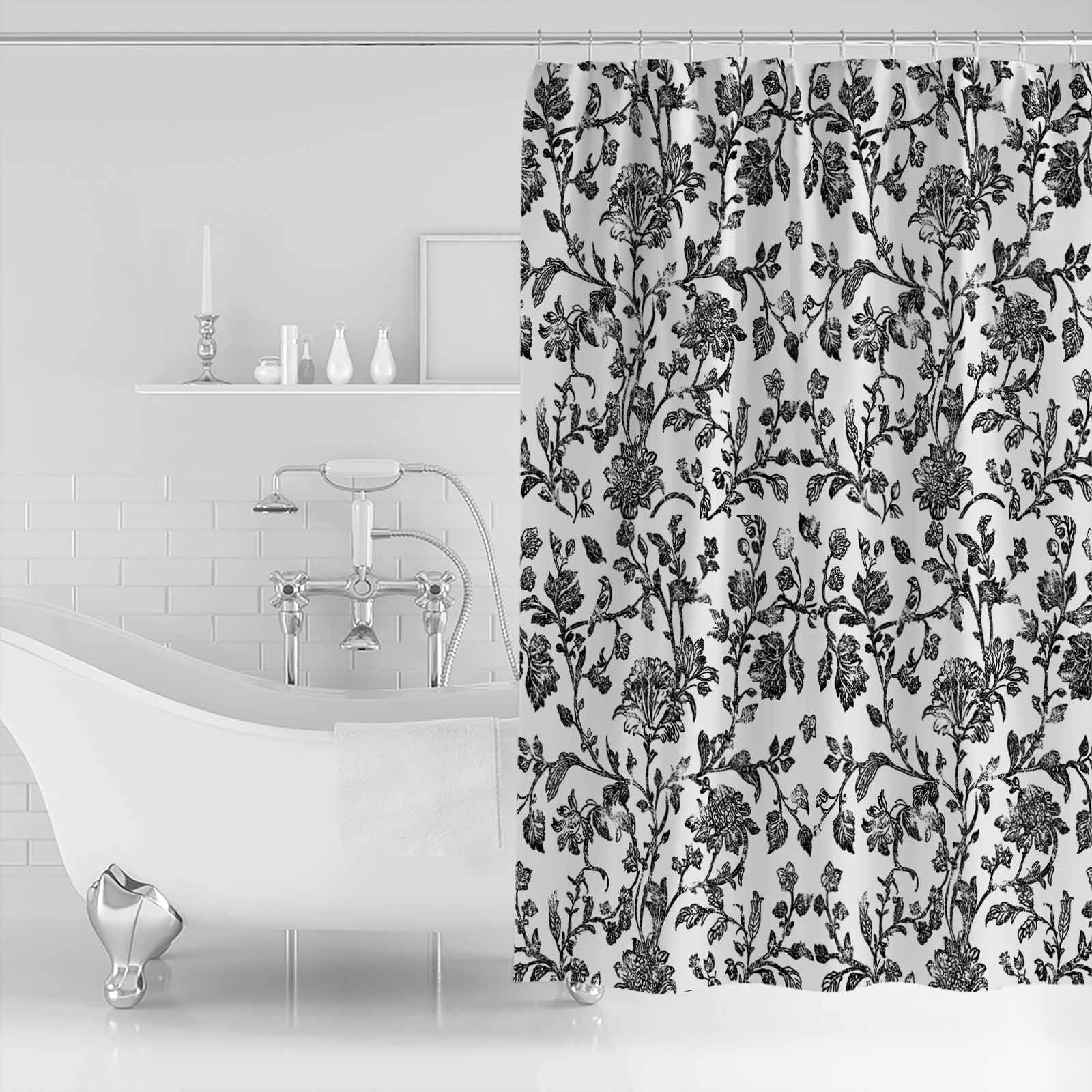 Extra Long Shower Curtain 72x96 Inch, Black Flower Shower Curtain Waterproof Bathroom Decor Vintage Farmhouse Boho Leaf Spring Plant Fabric Bath Curtain Set Accessories with Hooks