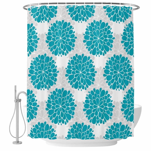 Polyester Fabric Turquoise Dahlia Shower Curtain, Country Gray Abstract Floral Flowers Waterproof Bathtub Curtain Bathroom Decor Set with Hooks 60 x 72 Inches