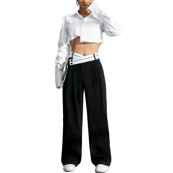 Women's Pants Casual Colorblock Wide Leg Black and White S (4)