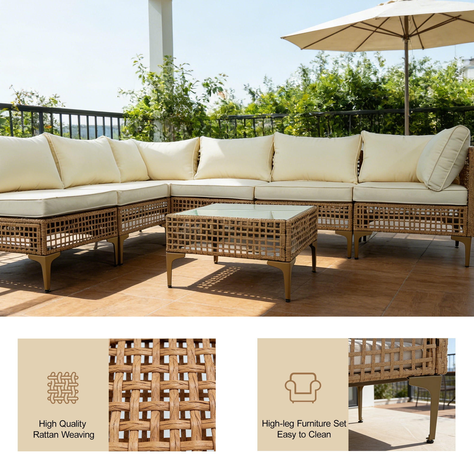 MaagorVita 7 Pcs Outdoor Patio Furniture Set, Modular Outdoor Sectional, Modern Rattan Wicker Sofa Set with Coffee Table and Washable Thick Cushions, Beige Cushion