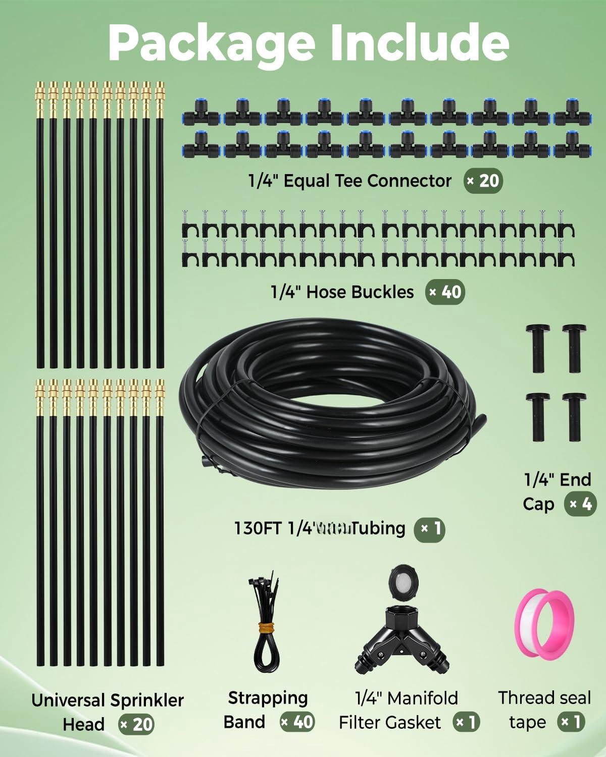 130ft Drip Irrigation System For Garden: 20 Nozzles 1/4" Pe Tubing Automatic Watering Kit Adjustable Misting Sprinkler Mister Hose Water Plants Tape Raised Beds Lawn Outdoor Yard Greenhouse