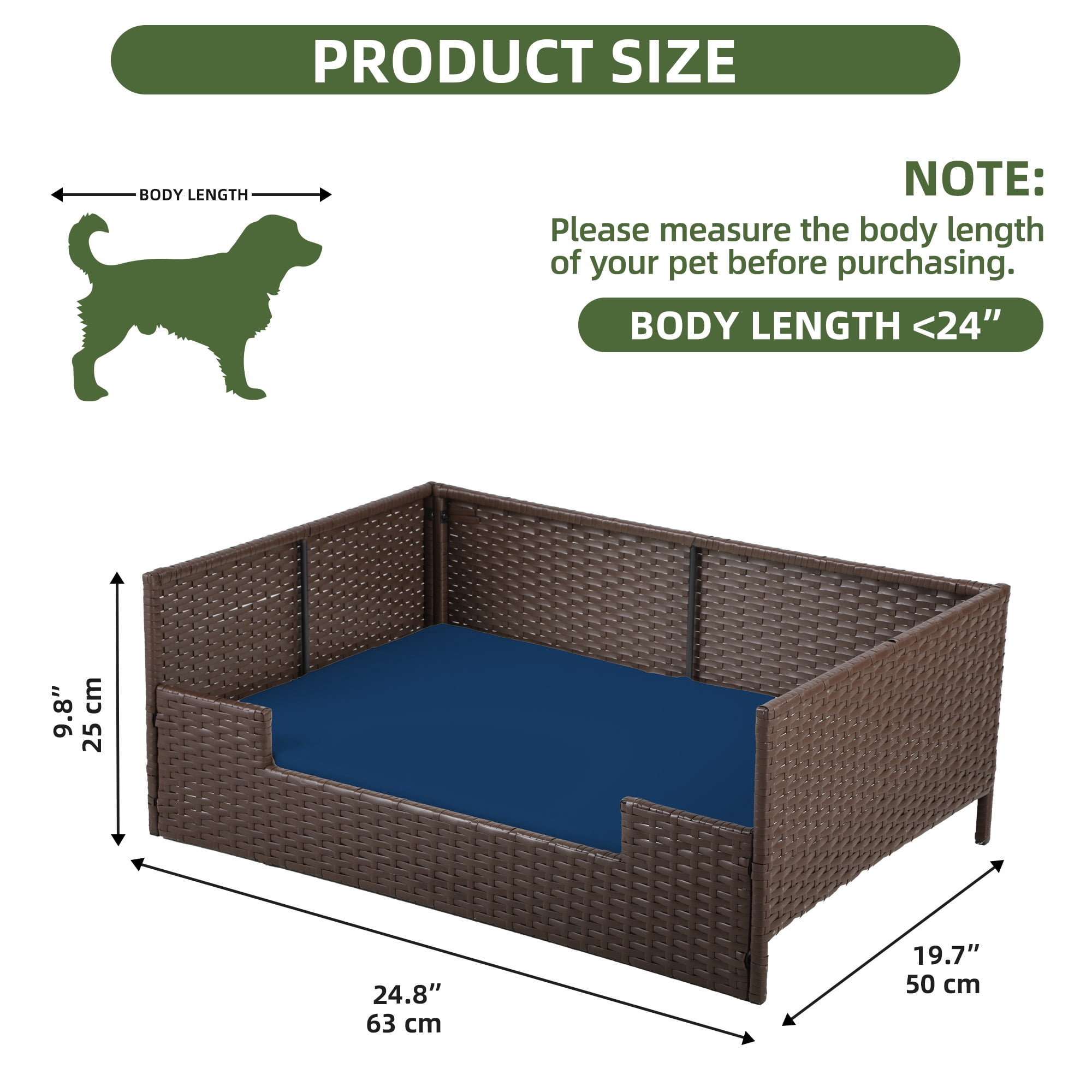 Uforic Rattan Dog Sofa Bed with Blue Cushion,Wicker Pet Bed Sofa Indoor Outdoor,All-weather Protection, Brown&Blue,24.8"L x 19.7"W x 9.8"H