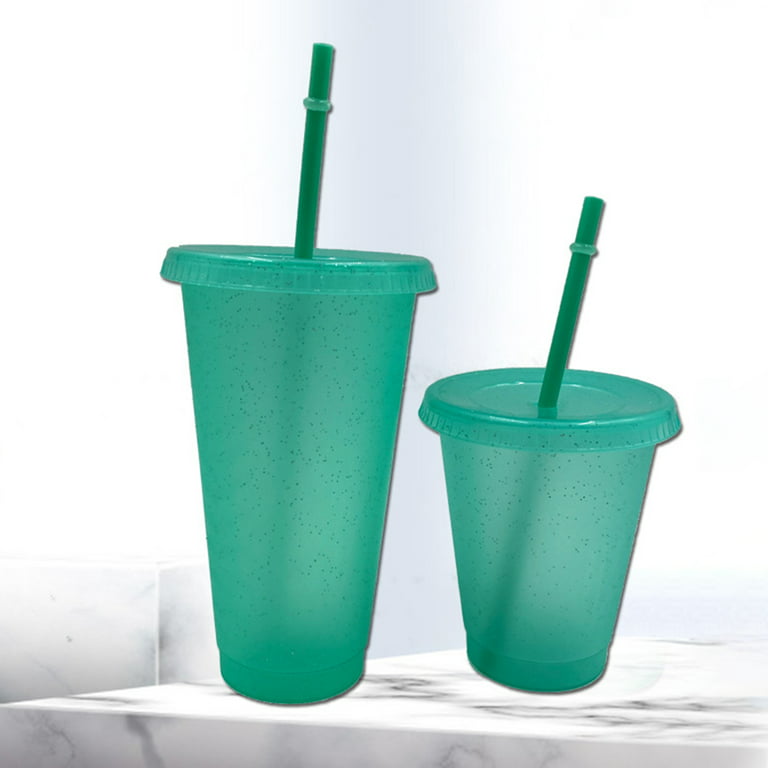 Frogued 400/500ml Straw Drinking Cup Large-capacity Wide Mouth Lid Plastic  Flash Powder Shiny Water Bottle for School (Dark Green,L)