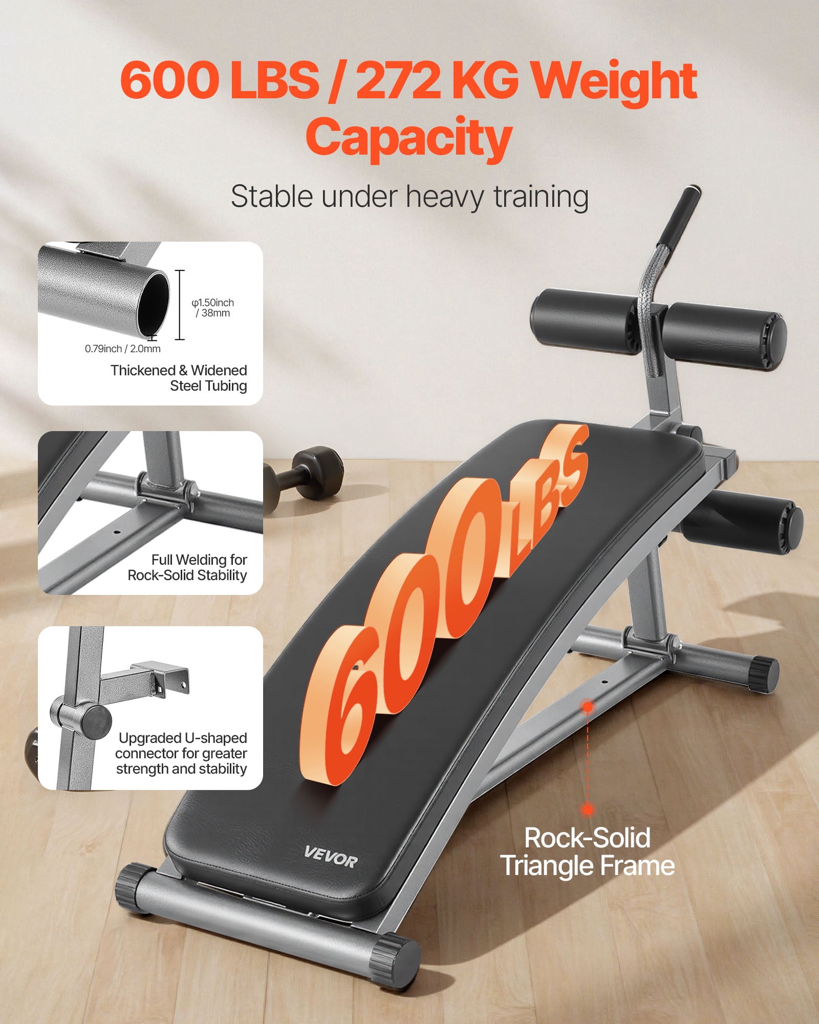 VEVOR Sit Up Bench, Curved Decline Ab Bench with Reverse Crunch Handle, with 6 Adjustable Height Setting, Heavy Duty Steel, 600 Lbs Capacity for Home Gym Workouts, Strength Training,Full Body Muscles