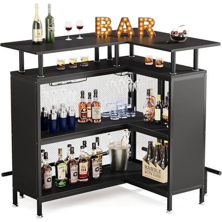 L‑Shaped Corner Bar Cabinet Home Liquor Bar Table with 2‑Tier Storage Shelves & Stemware Racks MDF Metal Mesh Corner Wine Cabinet for Home Party