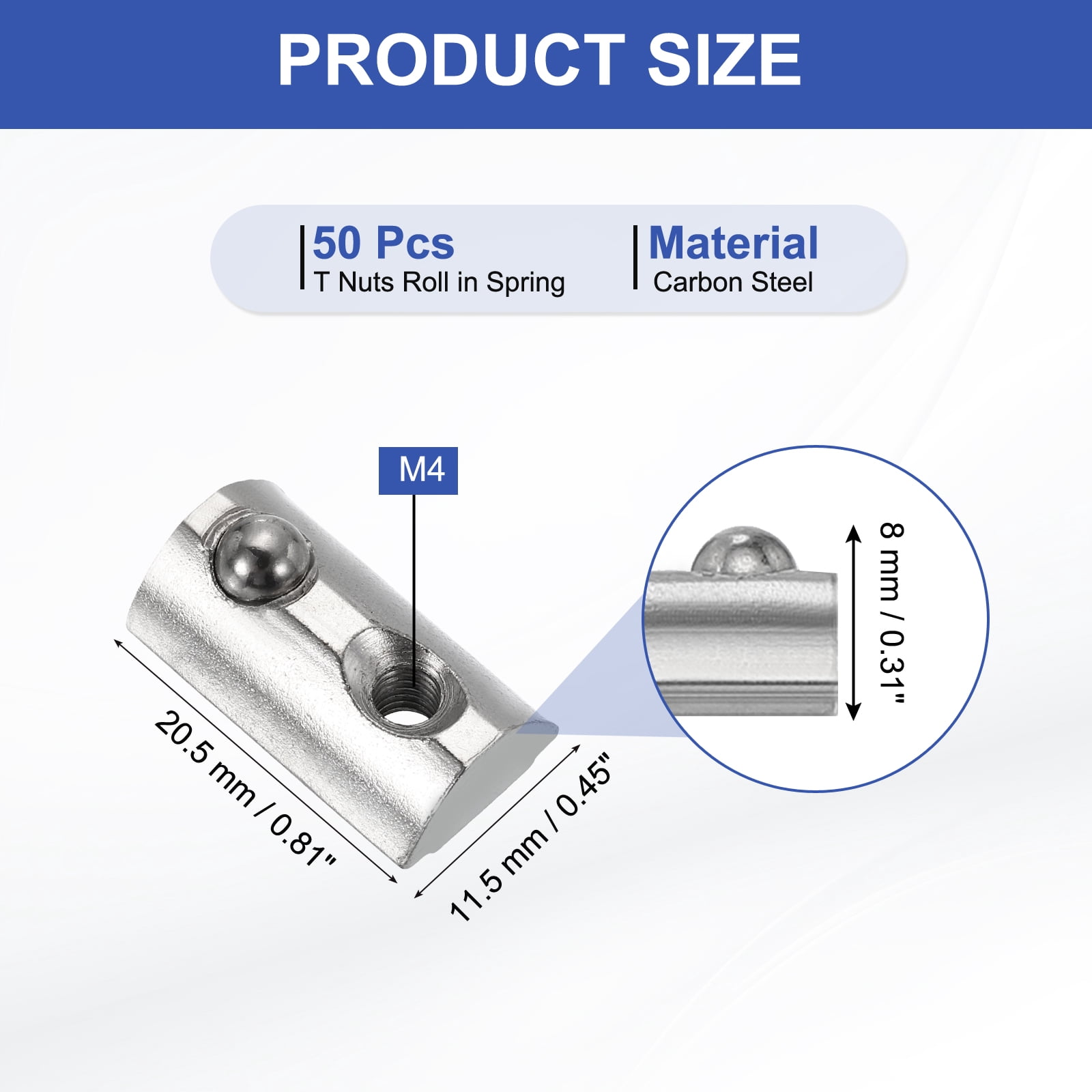 M4 Half Round Roll in Spring T Nuts 3030 Series Carbon Steel T Slot Spring Nuts Silver, 50 Pcs