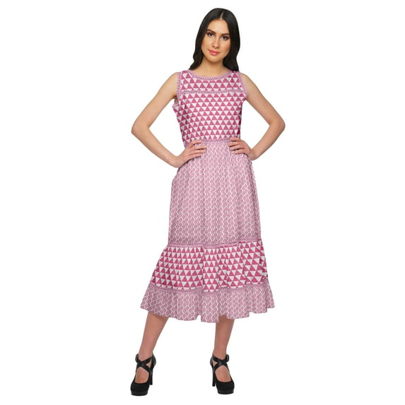 Moomaya Printed Cotton Long Dress For Womens Sleeveless Tiered Casual Summer Tunic