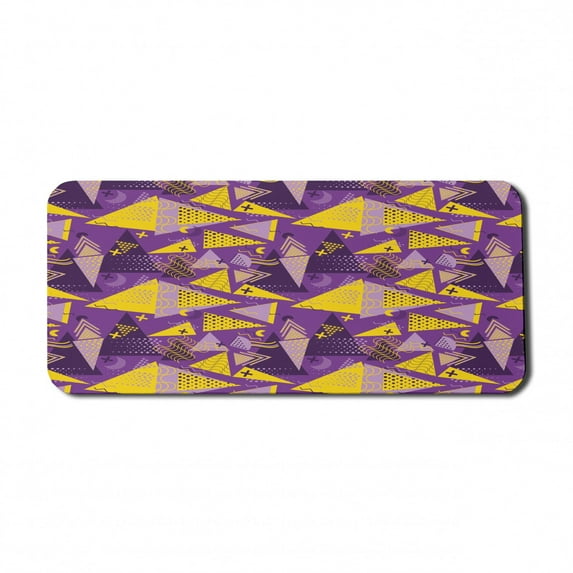 Geometric Computer Mouse Pad, Memphis Style Funny Triangles Dots Zigzags Stars and Waves, Rectangle Non-Slip Rubber Mousepad X-Large, 35" x 15" Gaming Size, Yellow Purple, by Ambesonne