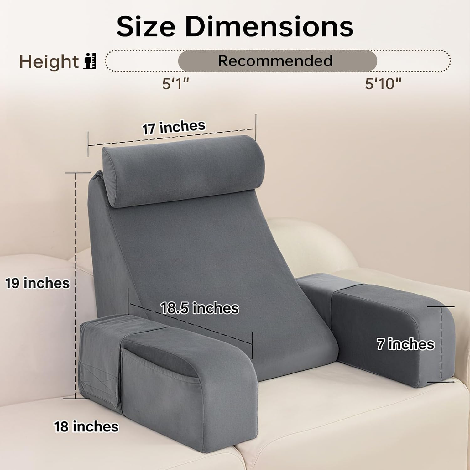 Reading Pillow for Sitting in Bed Adult, 19" Back Support Pillow for Bed Sitting up, Backrest Cushion for Reclining,Gaming,Resting, Wedge with Arms