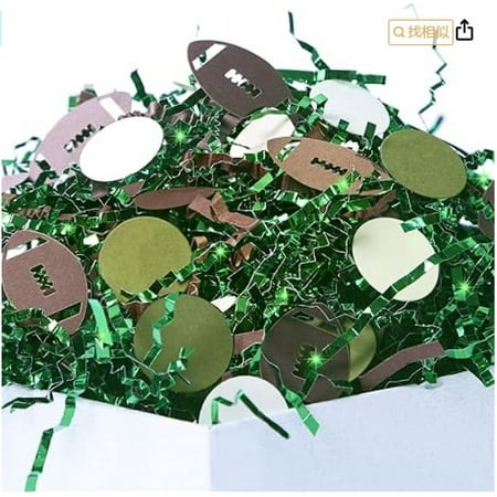 PAPER FAIR 1LB American Football Crinkle Cut Paper Shred Filler w/Confetti, Metallic Green Brown