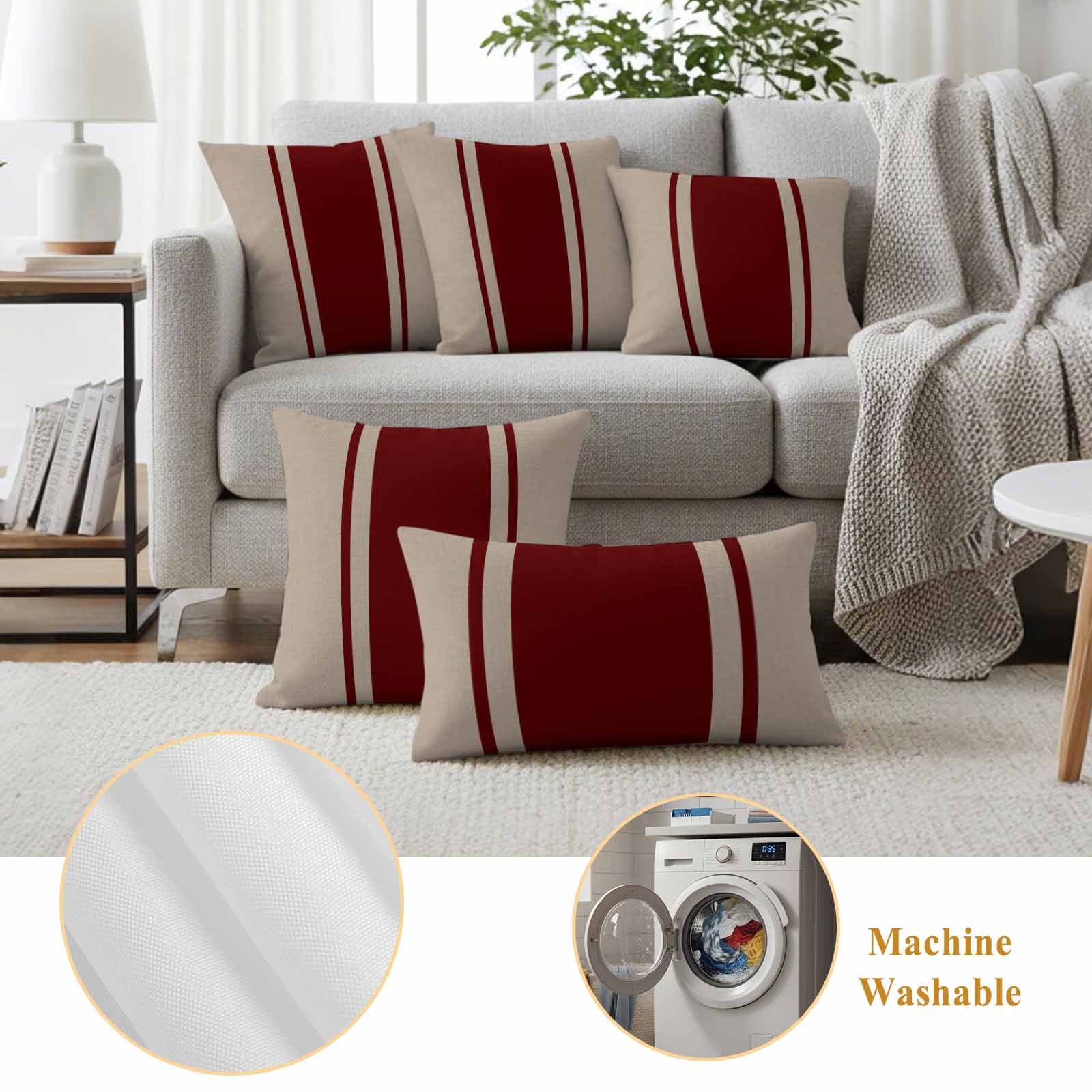 Outdoor Pillow Covers Waterproof, Simpler Red Line Decorative Square Throw Pillowcases Patio Cushion Covers for Tent/Garden, 16" x 16" 2 Pack, Farmhouse Red Striped Abstract