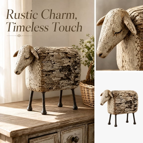 Rustic Farmhouse Sheep Figurine, Distressed Carved‑Wood Look Resin Sheep Statue, Cottage Style Freestanding Tabletop Ornament for Country‑Themed Living Room Shelf Mantel Home Decor