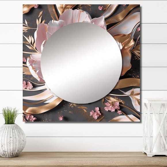 Designart "Pink Peony Adorned With A Golden Touch" POPPIES Square Mirror For Wall Decor - Large Gold Square Printed Wall Mirror Art - Square Traditional Mirror - Wall Mounted Square Large Mirror