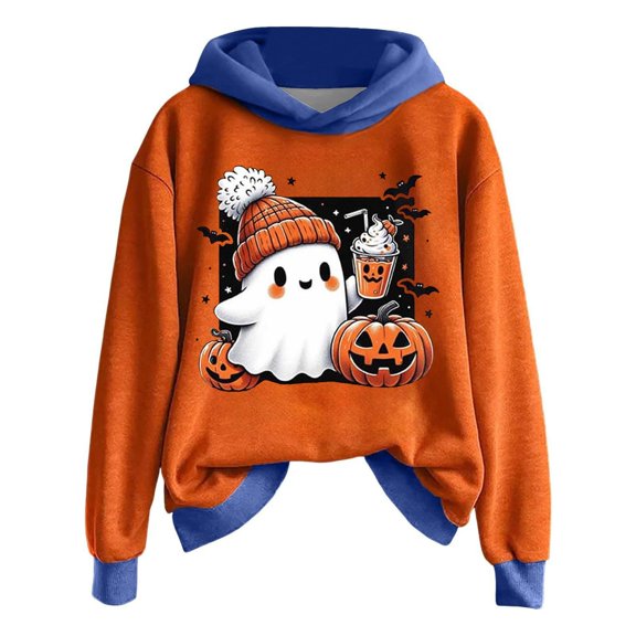 Little Girl Hoodie Kids Halloween Print Pullover Hoodie with Pocket Autumn Winter Outerwear Size 7-8T ,Blue