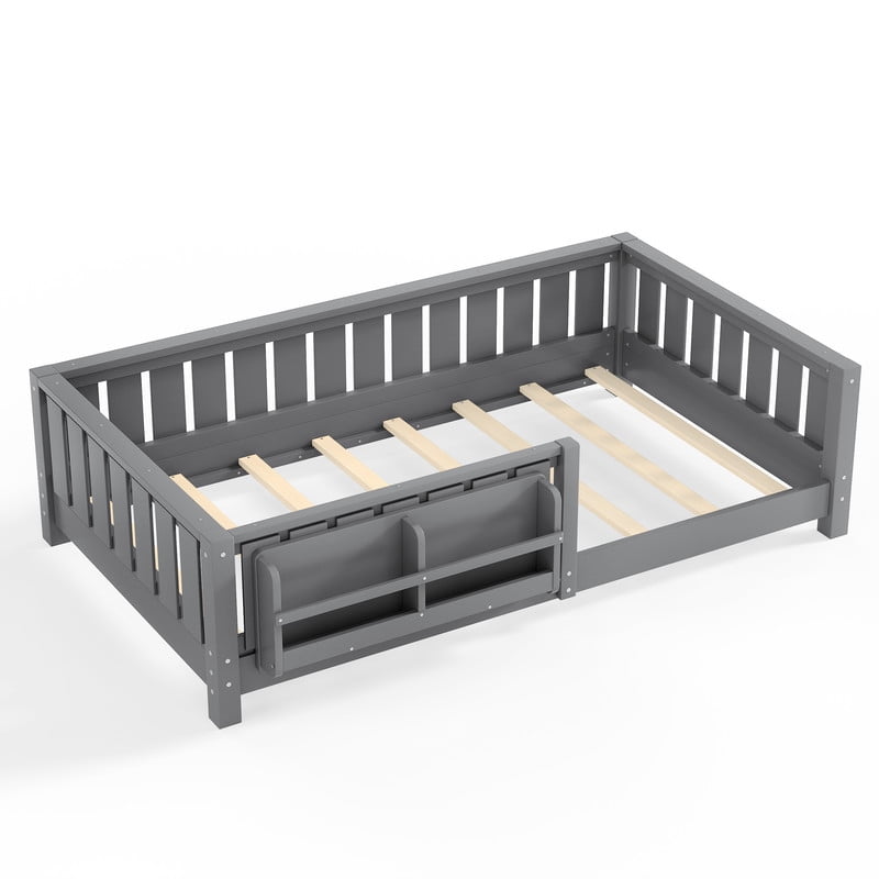 URTR Twin Size Montessori Floor Bed with Storage Bookshelf and High-Quality Safety Guardrail, Wooden Twin Floor Bed Frame, Wooden Platform Bed, Low Profile Twin Bed with Fence and Headboard, Gray
