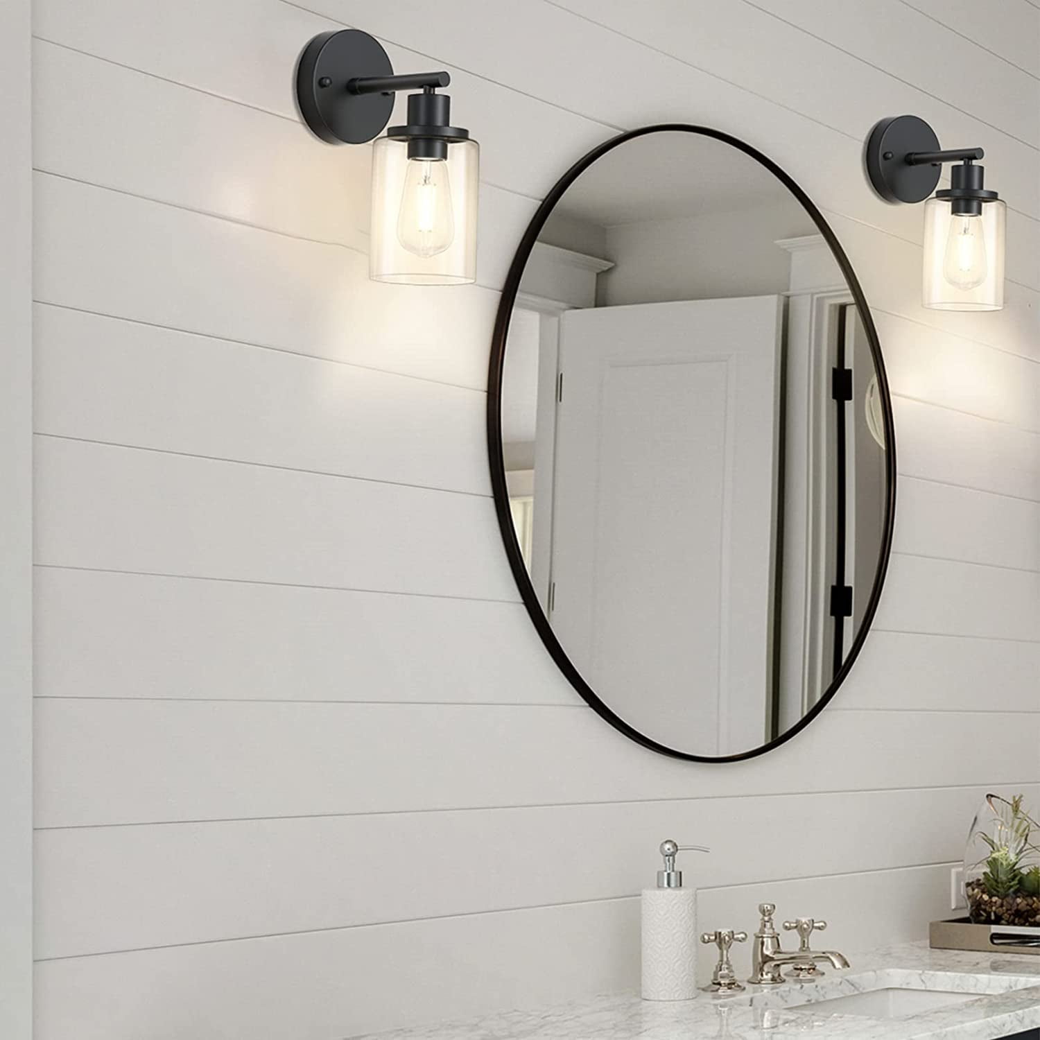 Black Wall Sconces Set of 2 Industrial Bathroom Vanity Wall Light Fixtures with Clear Glass Shade