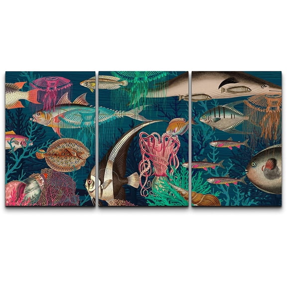 wall26 Canvas Print Wall Art Set Multicolor Rainbow Coral Reef Ocean Fish Nature Animals Illustrations Realism Rustic Landscape Colorful for Living Room, Bedroom, Office - 24"x36" x 3