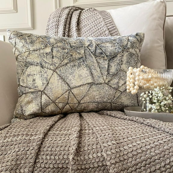 The HomeCentric Decorative Oblong Pillow Cover Silver, 12"x16" (30x40 cm) Velvet Hand Bead Embroidery, Foil, Textured Fabric, Mosaic Cushion Covers For Sofa, Couch Abstract Modern - Glimmer Shards