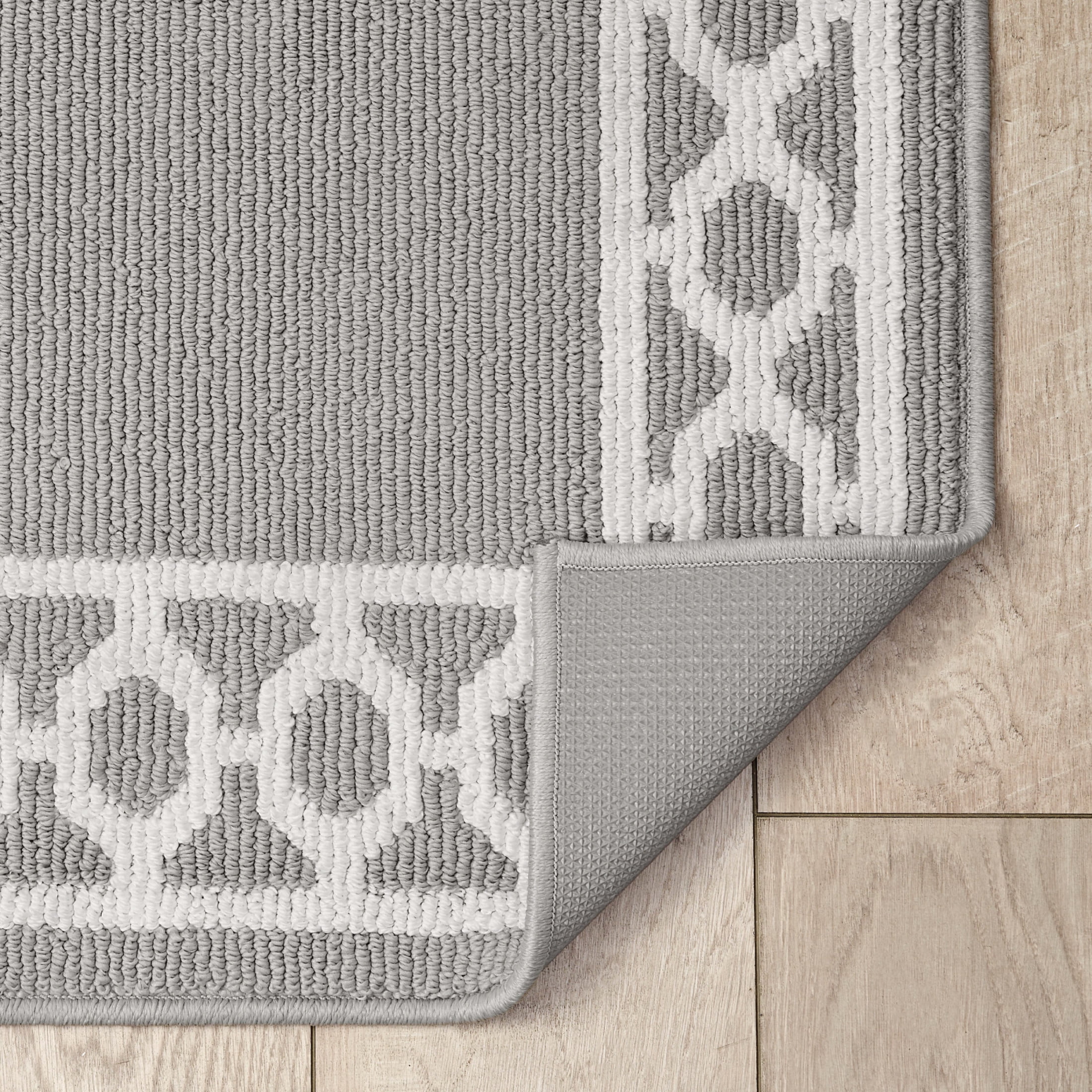 Washable Skid-Resistant Runner Rug, Trellis Border , Light Grey and White , 26" x 45"/26" x 60"