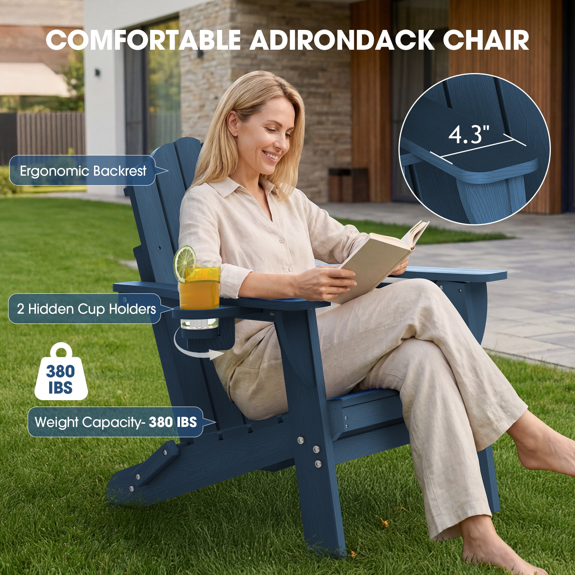 Folding Adirondack Chair, All-Weather HDPE Plastic Patio Fire Pit Chair, Navy