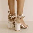 thumbnail image 2 of FSJ Women Classic Lace Up Round Open Toe Sandals Chunky Block High Heel Pumps Velvet Ankle Tie Comfort Party Dress Shoes Size 10 Brown, 2 of 5