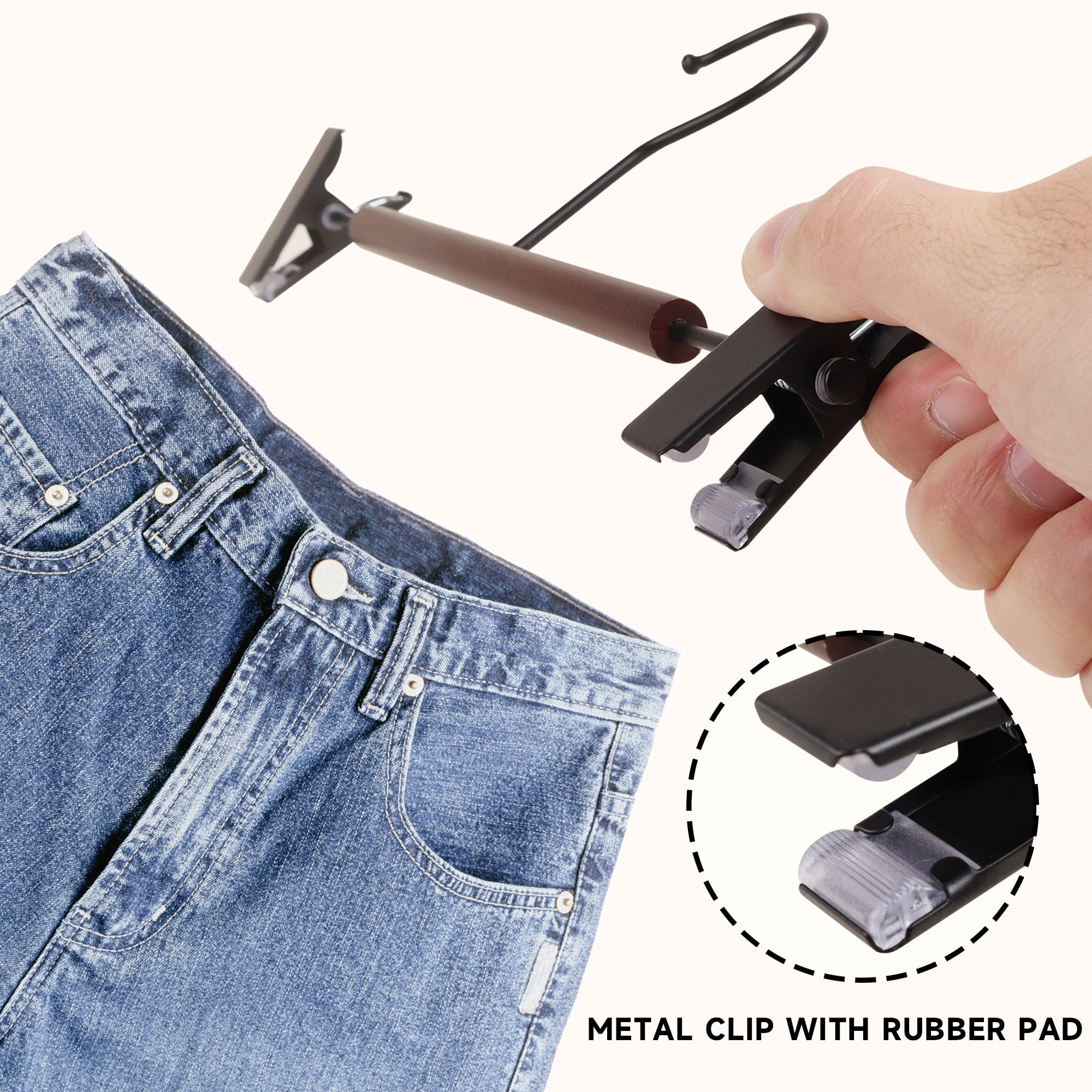 BP4U 12-Pack Metal Pants Hangers with Adjustable Clips, Premium Beech Wood Skirt Bottom Hangers for Trousers, Jeans, Shorts, Socks(Black)