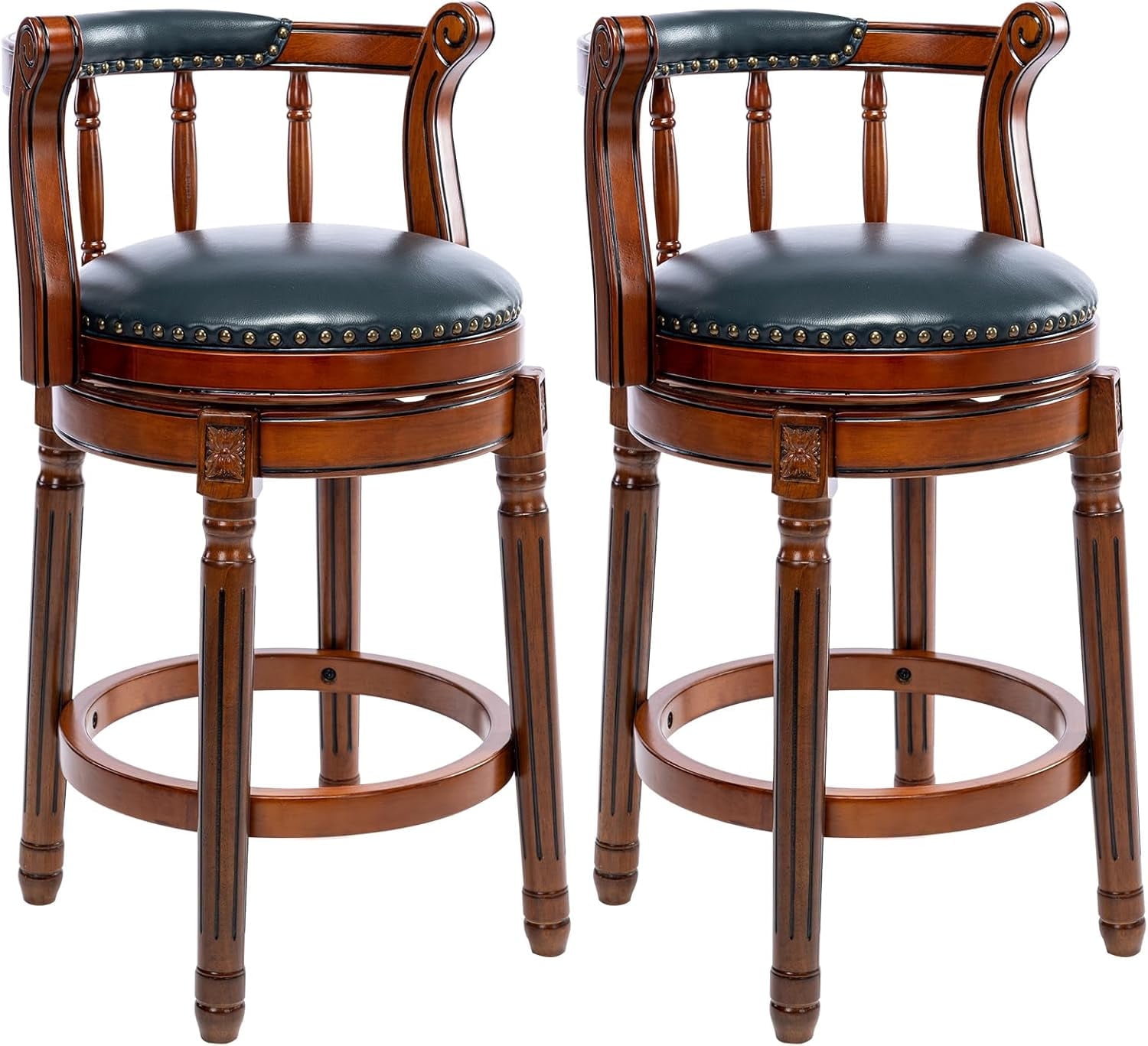 Aulife 2pcs Bar Stools Genuine Leather Counter Height barstool Wooden Swivel kitchen Stool with Footrest for Kitchen Dining Room