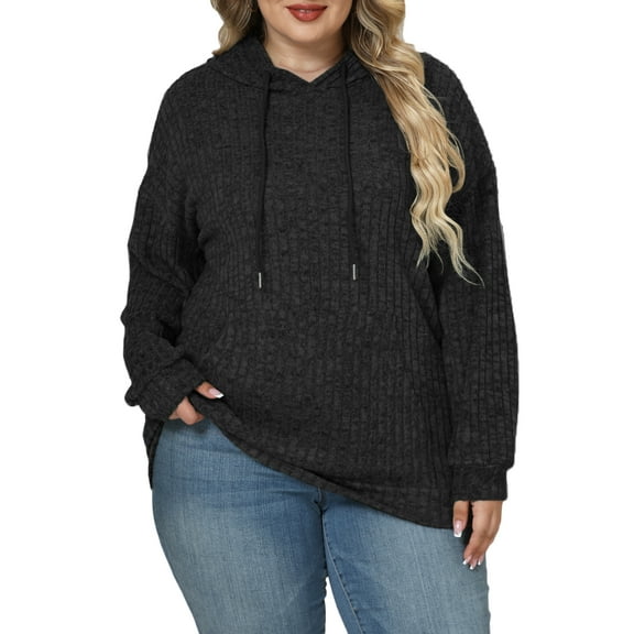 NISVIYA Women's Plus Size Charcoal Hoodie - Ribbed Knit Long Sleeve Casual Sweater with Front Pocket Black