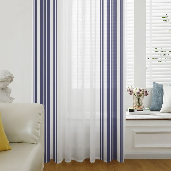 Navy Blue Striped Semi Sheer Curtains Drapes for Living Room,Bedroom,French Doors Window 96 Inches Long,Modern White Striped Abstract Art Aesthetics Rod Pocket Chiffon Curtain Drapery Voile Panel