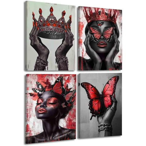 Aingg 4Pcs African American Canvas Wall Art Black Woman with Butterfly Painting Prints Black Queen Crown Posterspirational Pictures Fashion Girl Bedroom Room Decor