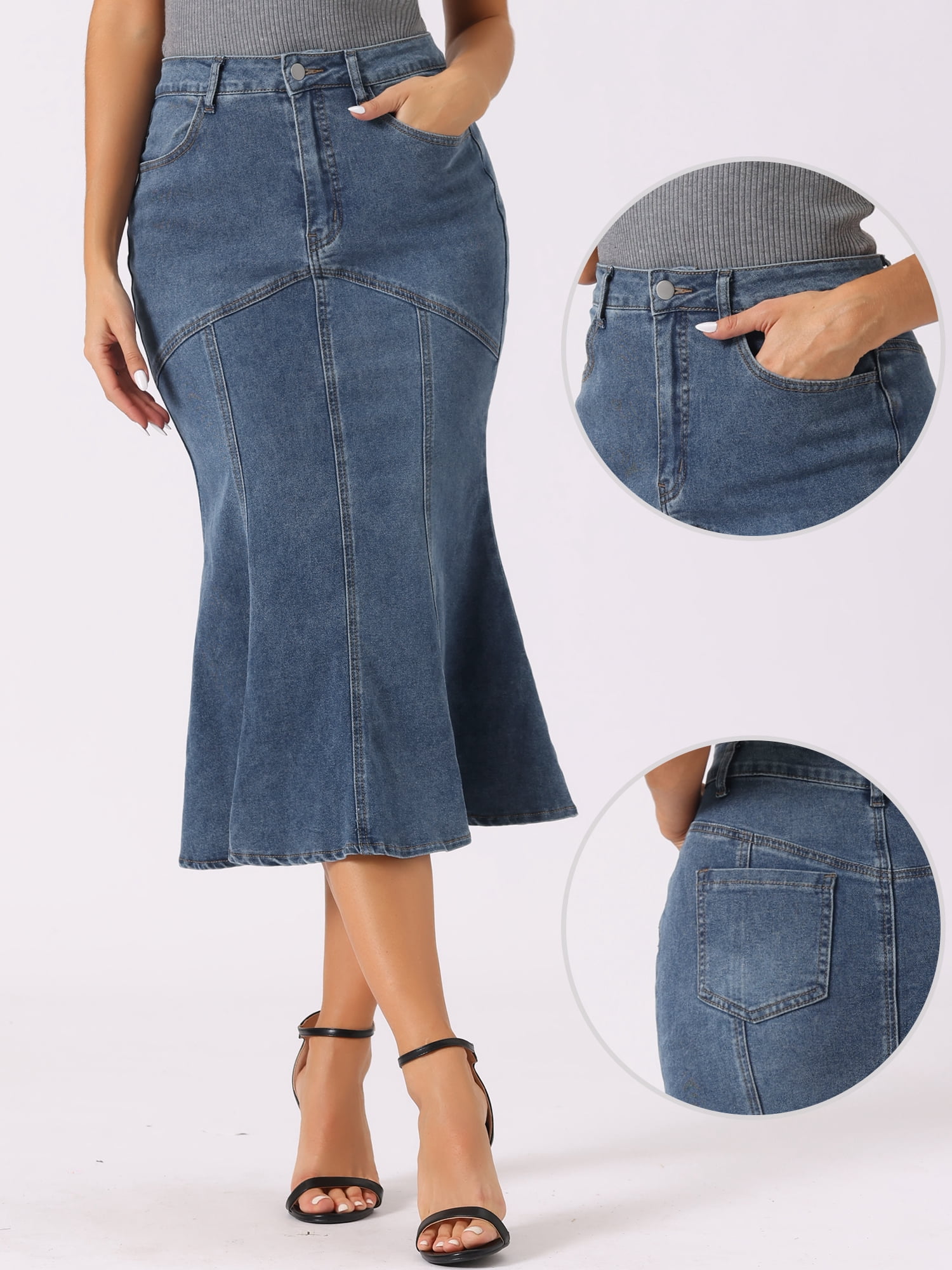 DARING DIVA Fishtail Denim Skirt Women's Washed Midi Jean Bodycon Skirt XL Grey Blue