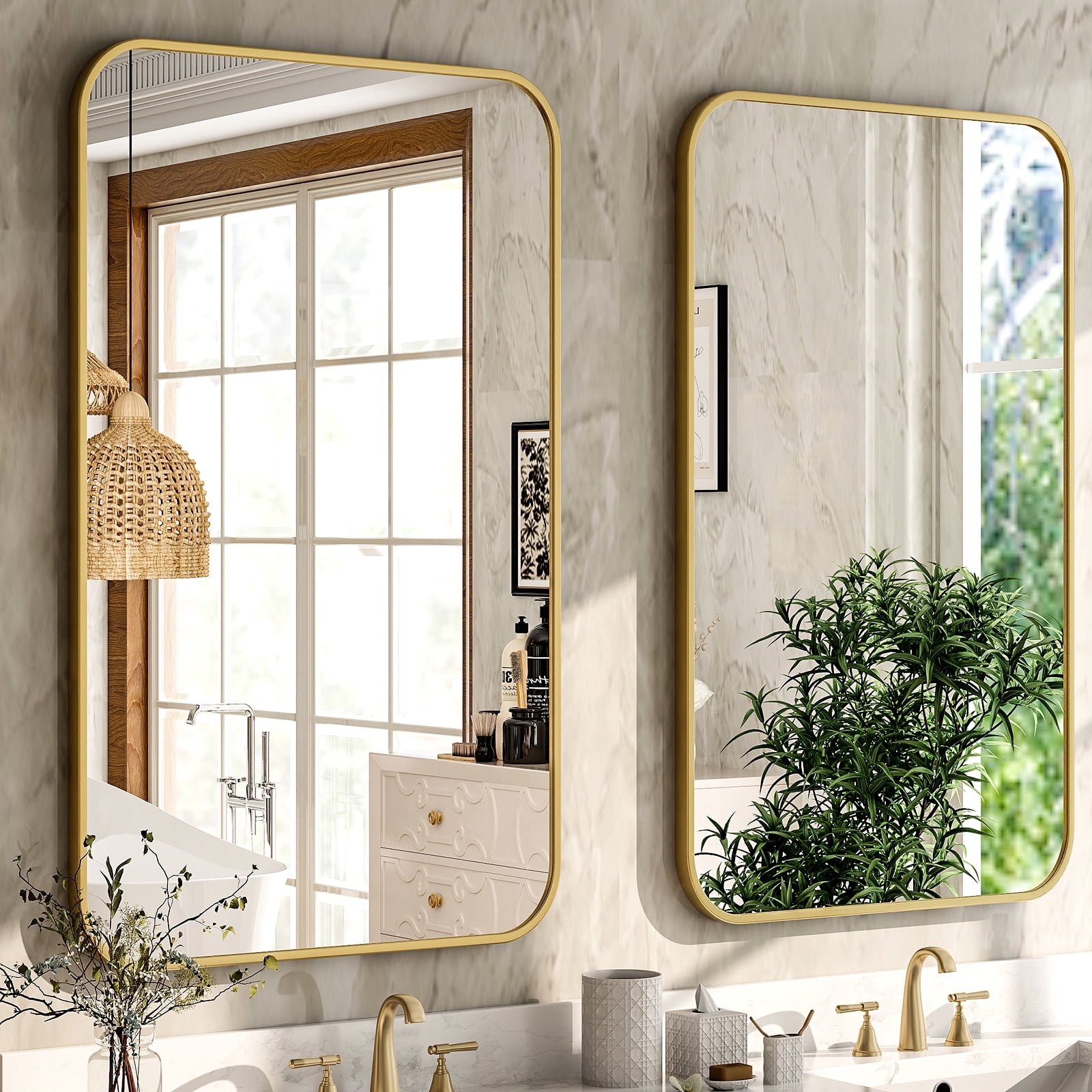 Lumora 48"x30" Rectangular Bathroom Mirror with Round Edge Wall Mounted Wall Mirror, Gold