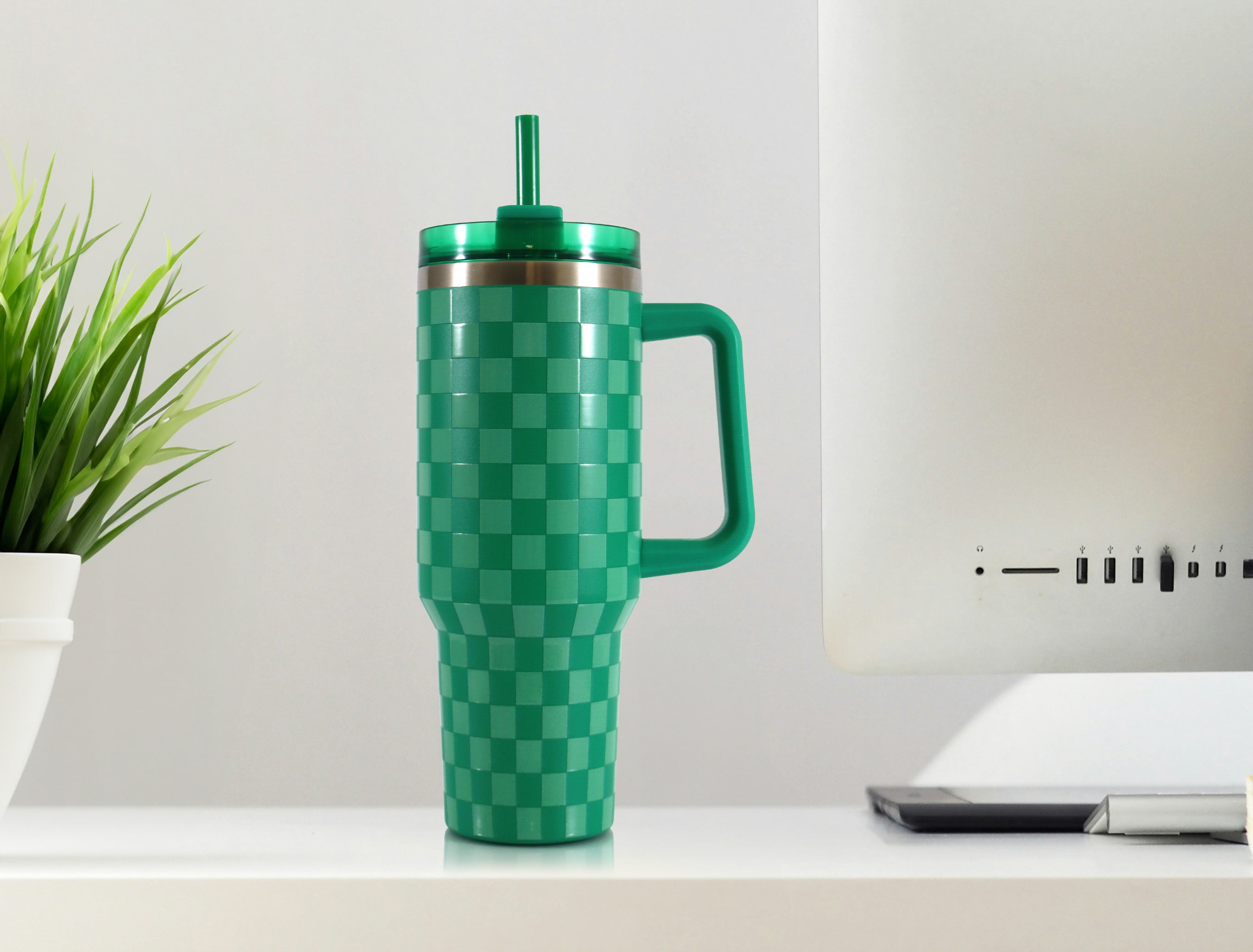 Mainstays 40 oz Stainless Steel Tumbler with Straw and Handle, Double Wall Insulated, Green Check