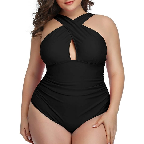 Trajes de baño de una pieza de talla grande con cruz frontal para mujer Trajes de baño con control de barriga Adepaton HMHZ263-10