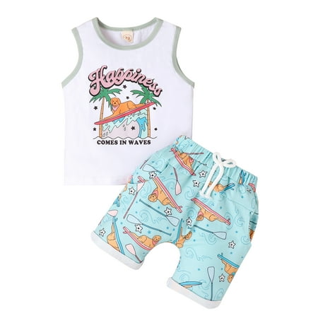 

Baby Boys Shorts Set Letters Print Tank Top with Shark/Dog Print Shorts Summer Outfit
