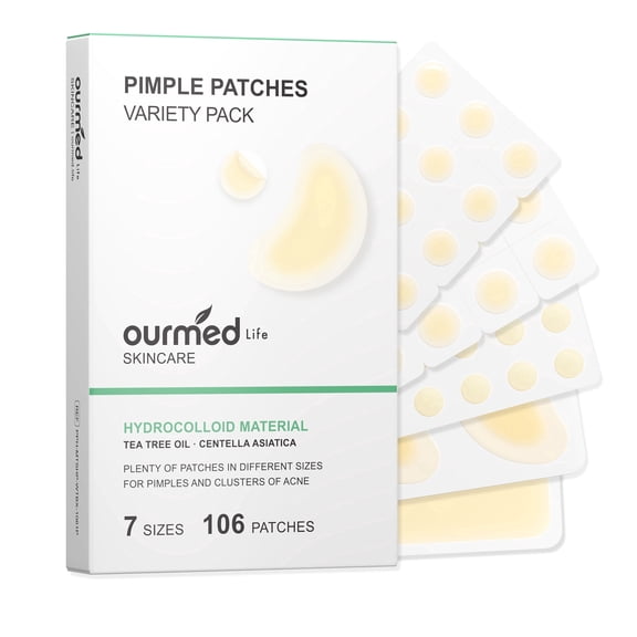 Ourmed Life 106 Ct 7 Sizes Pimple Patches Variety Pack Hydrocolloid Acne Patches with Tea Tree Oil for Face Body & Acne Clusters
