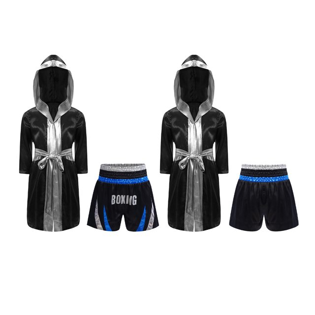 RUNQHUI Costume de Boxe pour Garçons Manches Longues Robe de Boxe et Shorts Muay Thai Ensemble 2 Pcs pour Arts Martiaux Bleu&Argent 10