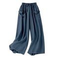 thumbnail image 6 of Siminsem Women's Cotton Linen Wide Leg Pants Elastic Waist Casual Trousers with Pockets Adjustable Drawstring Loose Fit Palazzo Summer Beach Lounge Vacation Outfits, Navy, L, 6 of 8