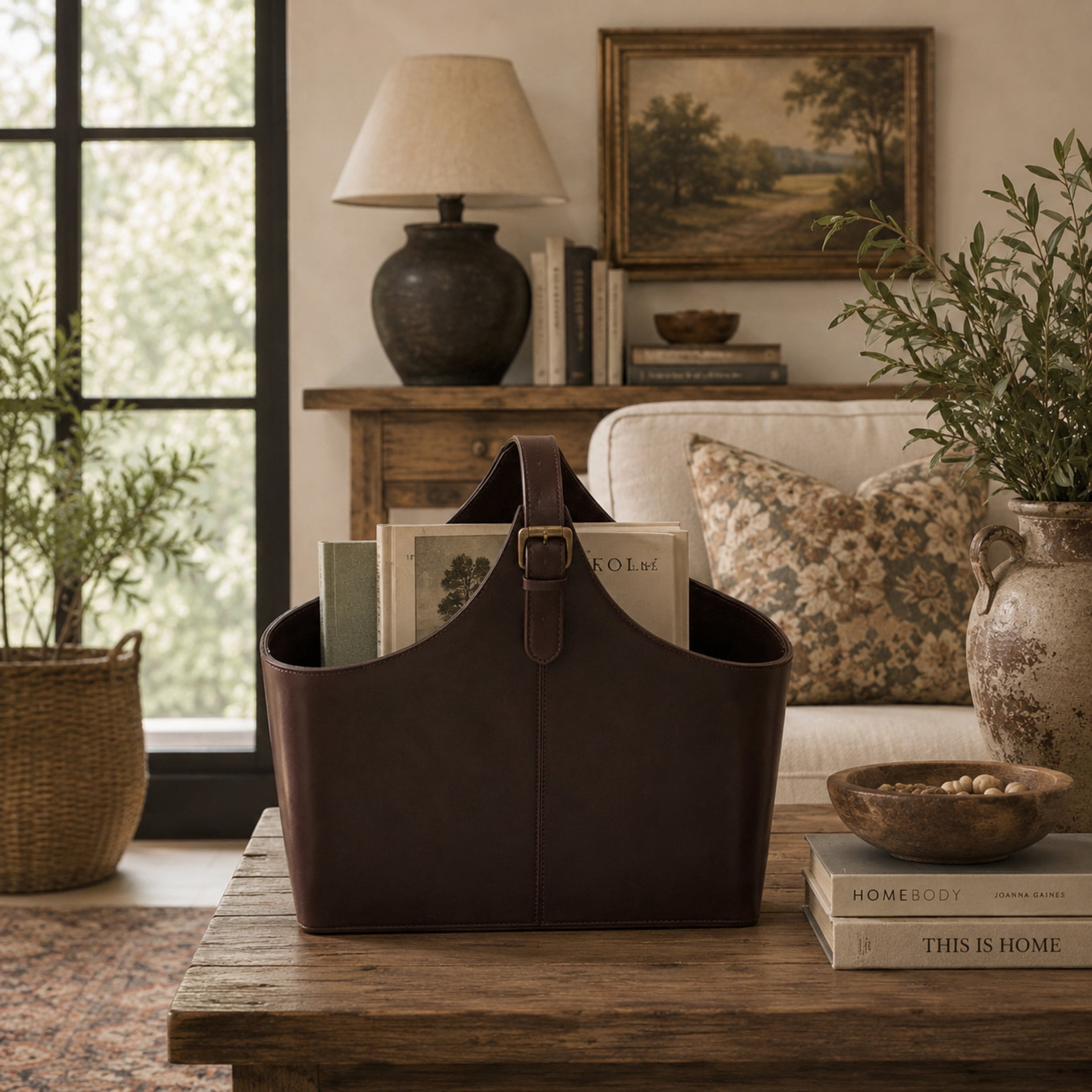 DecMode 15" Dark Brown Leather Handmade Box Style Magazine Holder with Detail Stitching and Curved Buckle Handle