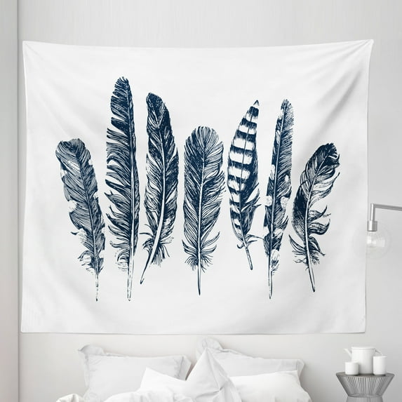 Feather Tapestry, Sketch Style Arrangement of Feathers Monochrome Wild Bird Quills Pattern, Fabric Wall Hanging Decor for Bedroom Living Room Dorm, 5 Sizes, Dark Blue and White, by Ambesonne