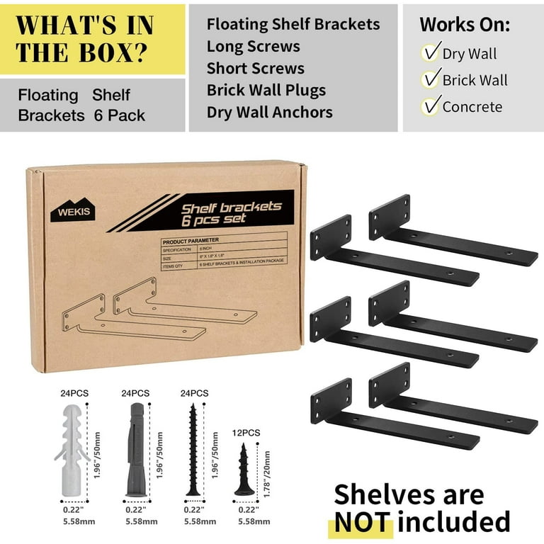 6 Pack Floating Shelf Brackets, 6 Inch Heavy Duty Industrial Shelf Bracket,  Black Metal L Brackets for Shelves Support DIY(1/5 Inch Thicked)