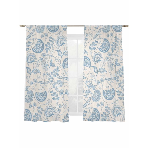 Farmhouse Light Blue Floral Sheer Curtains 63 Inch Long 2 Panels, Linen Boho Paisley Flower Rustic Light Filtering Rod Pocket Semi Sheer Curtains, Sheer Voile Drapes for Living Room Bedroom, 52"x63"