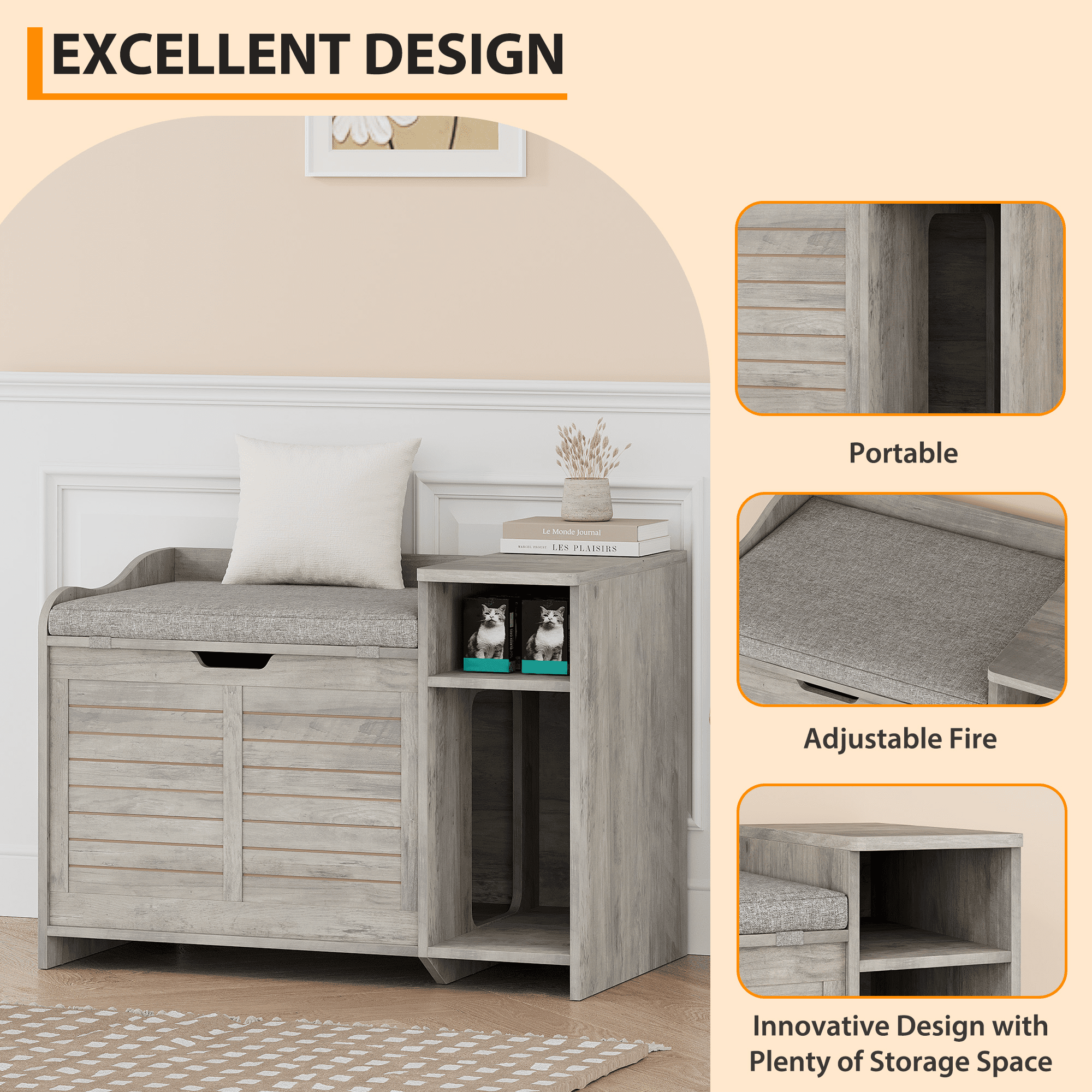 Large Wooden Cat Litter Box Enclosure – Flip-Top Opening, Hidden Storage Shelf, Litter Mat, Cushion & Pad – Covered Cat Washroom Furniture for Indoor & Heavy Cats