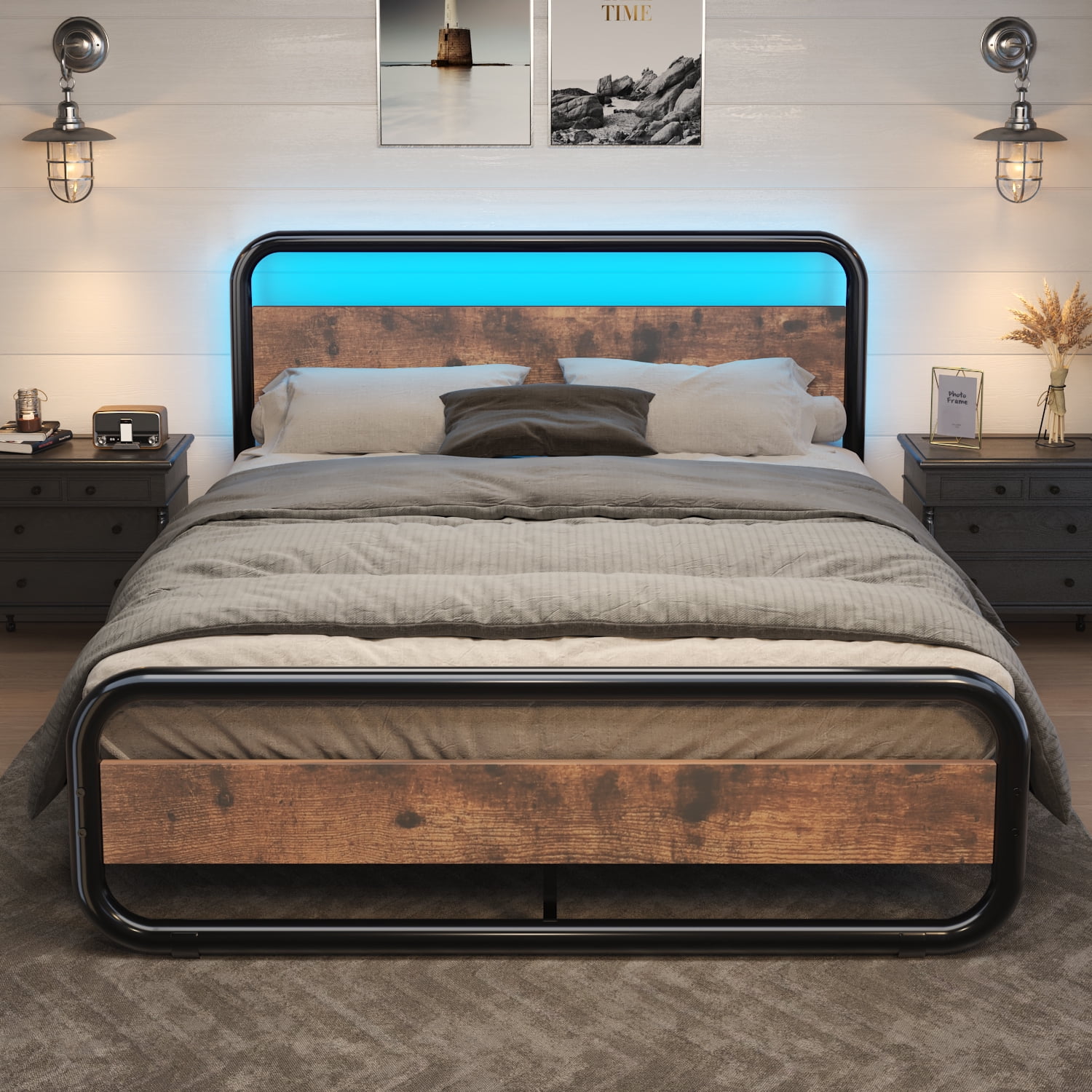 Catrimown Queen Size LED Bed Frame, Platform Bed Frame with Rustic ...