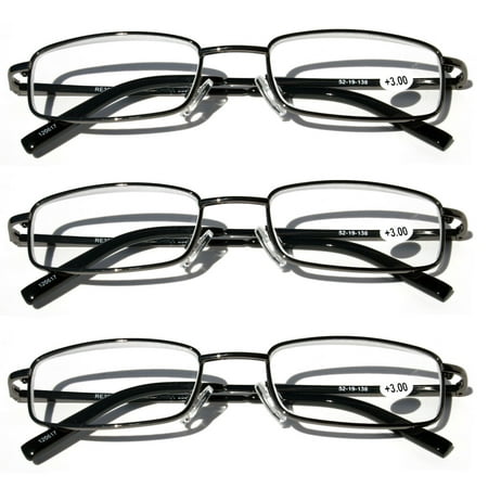 V.W.E. Readers 3 Pack of Thin Slim Rectangular Metal Aviator Reading Glasses with Spring hinge - High Power