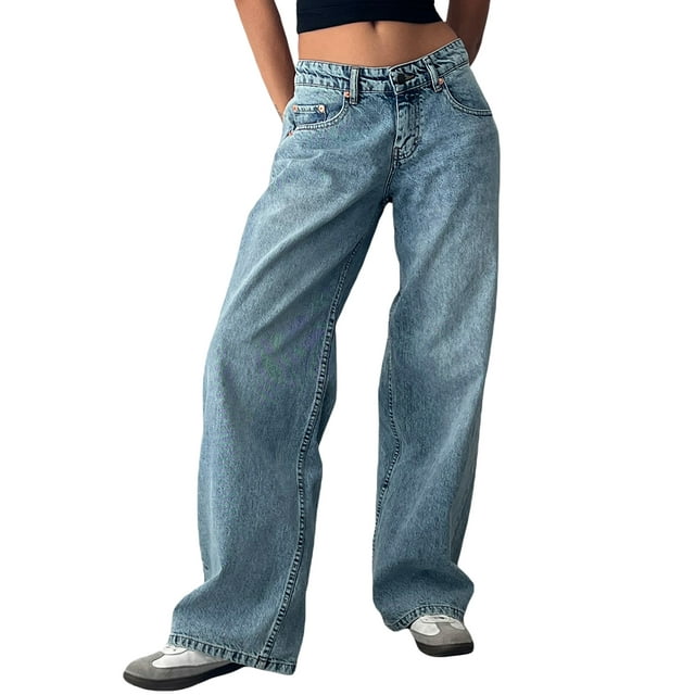 FOCUSNORM Women's Spring Summer Denim Pants Low Waist Wide Leg Trousers with Multi Pockets