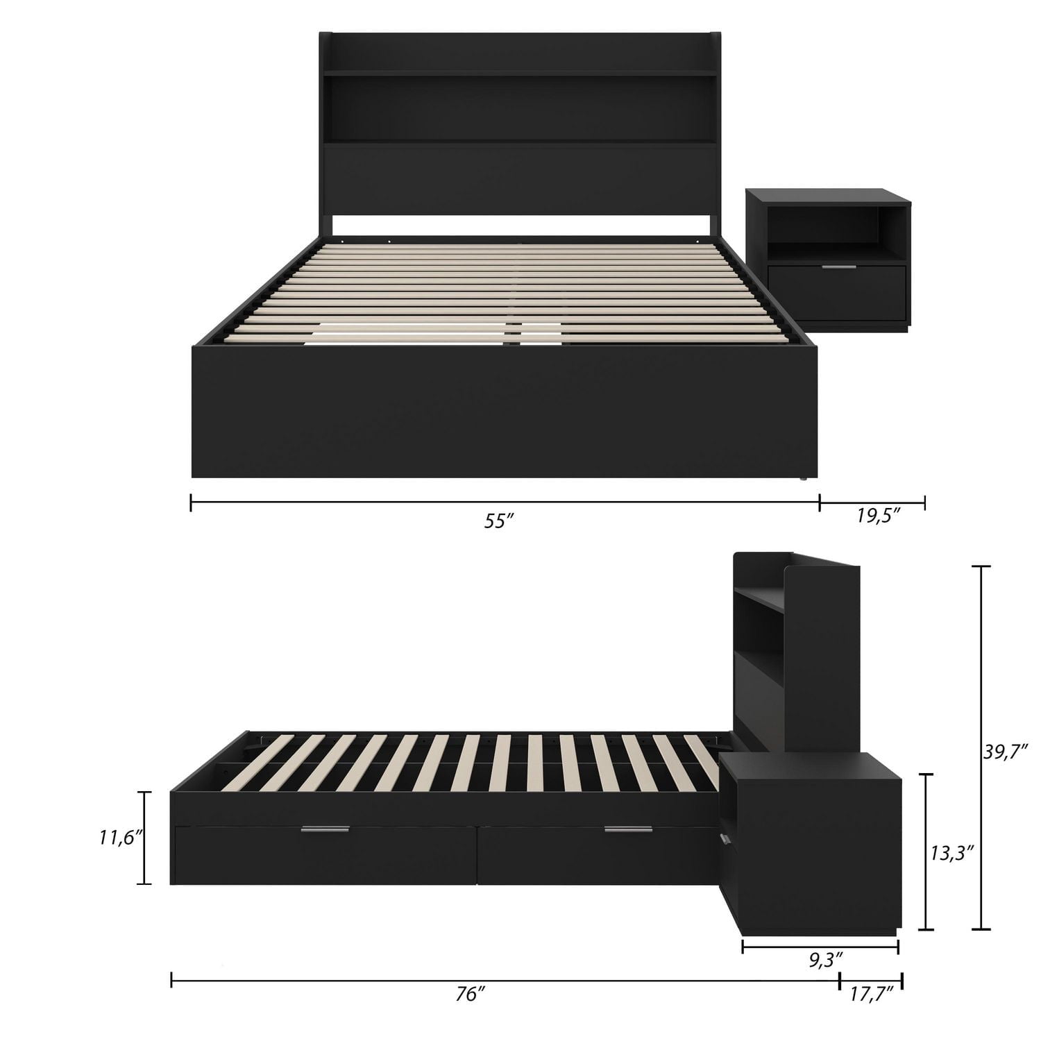 Nexera Hunter Platform Bed With Headboard And 1-Drawer Nightstand